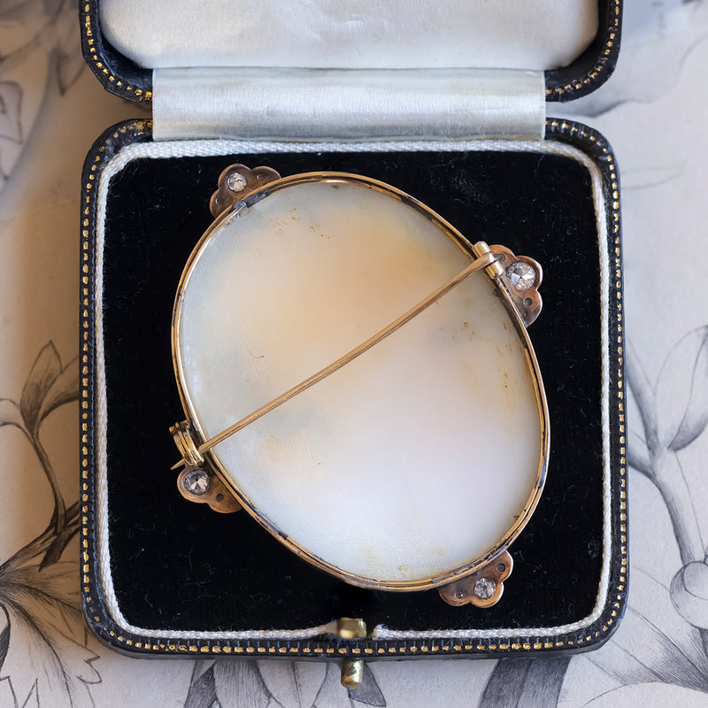 Spilla vintage in oro 18K con cammeo su conchiglia e diamanti, anni '50