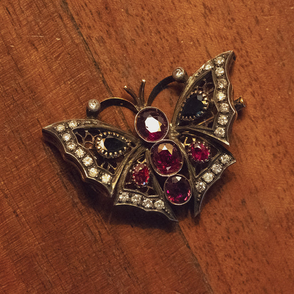 Broche vintage en or 18 carats et argent, avec diamants, rubis et saphirs, années 1950