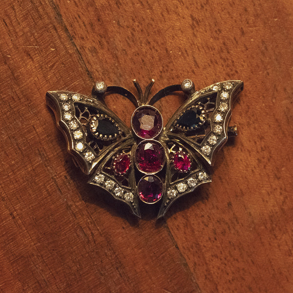 Broche vintage en or 18 carats et argent, avec diamants, rubis et saphirs, années 1950