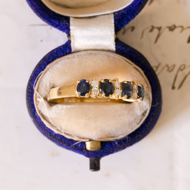 Coppia di verette in oro giallo 18K con rubini, zaffiri e diamanti (0.24ctw ca.), anni '60/'70