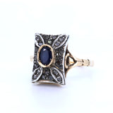 Vintage ring in 14k gold and silver with sapphire and rosettes, early 900s style
