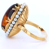 Vintage ring in 18k gold with amber and beads, 1950s