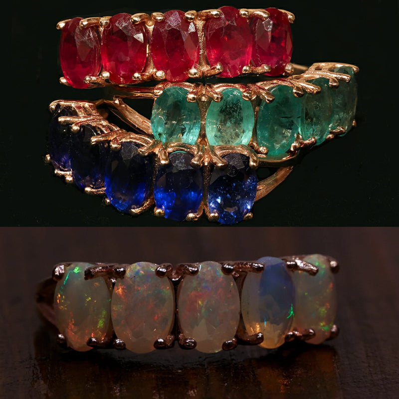 Anelli in stile antico in oro 9K con rubini/smeraldi/zaffiri/opali