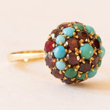 Vintage Ring aus 18 Karat Gelbgold mit gewölbtem Granat, rotem Glas und Türkis, 50er Jahre