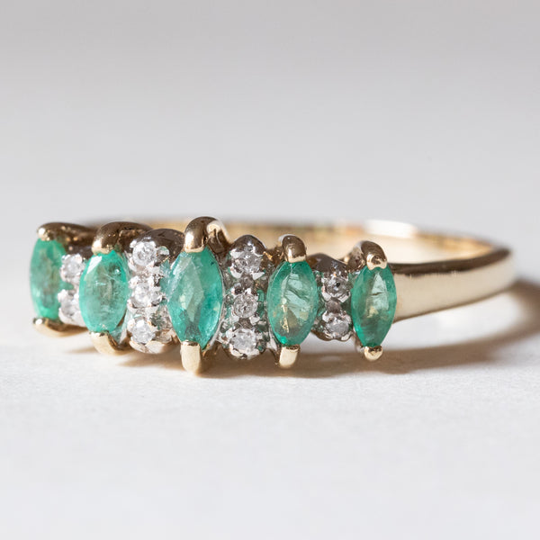 Anello vintage in oro 9K con smeraldi e diamanti, anni ‘60/‘70