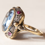 Anello vintage in stile antico in oro 18K e argento con zaffiro e rubini