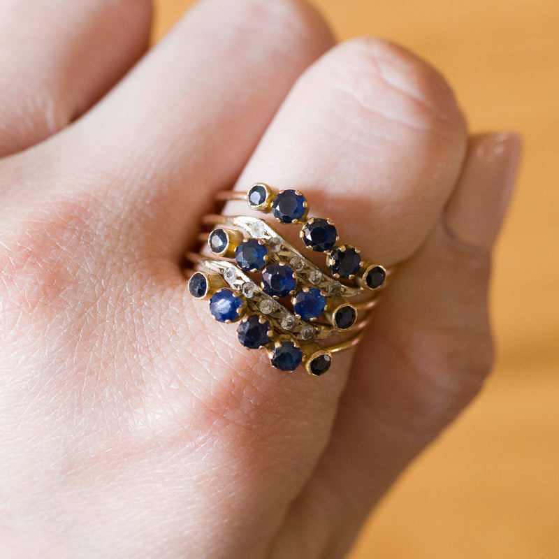 Vintage 14K gold harem ring with sapphires (approx.1.20ctw) and white stones, 1950s