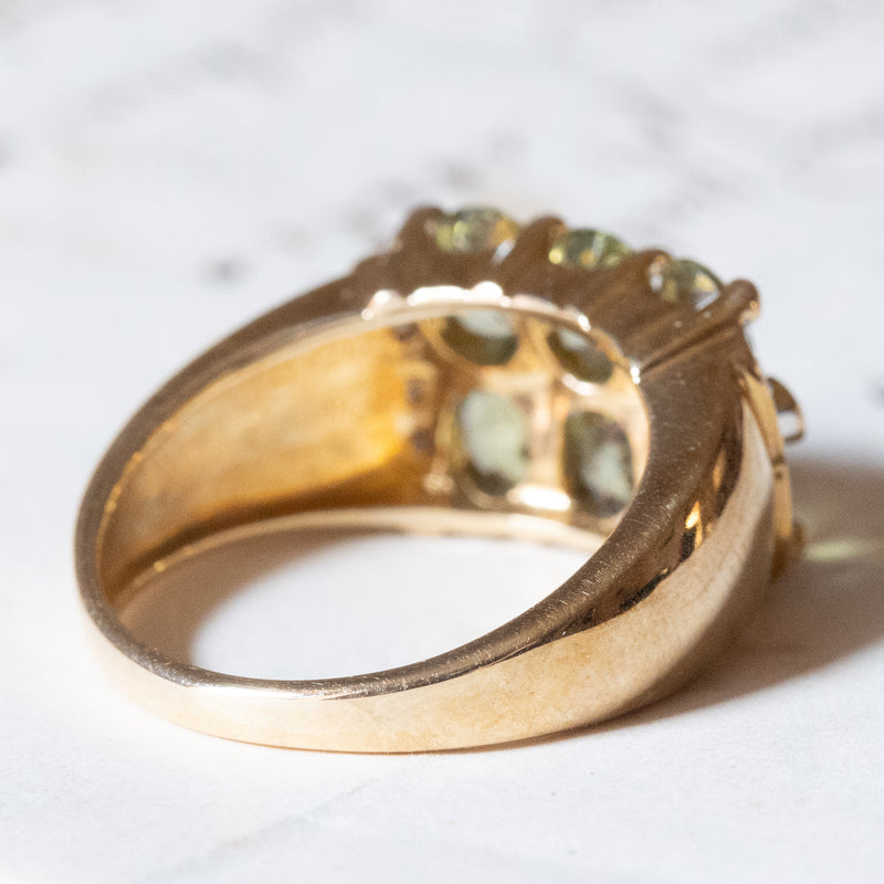Anello vintage a fascia in oro 9K con tormaline verdi (3ctw ca.) e diamanti (0.02ctw ca.), anni ‘80/‘90