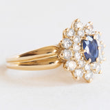 Vintage Gänseblümchenring aus 18 Karat Gelbgold mit Saphir (ca. 0.47 ct) und Diamanten (ca. 0.84 ctw), 60er Jahre
