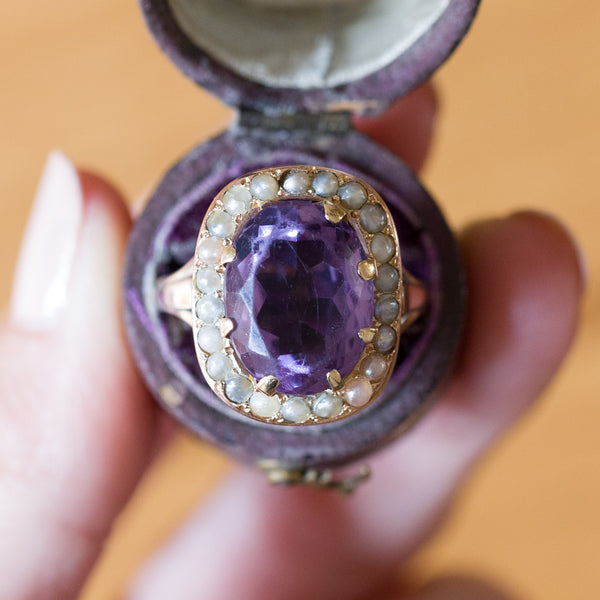 Bague marguerite vintage en or 18 carats avec améthystes et perles, 1950