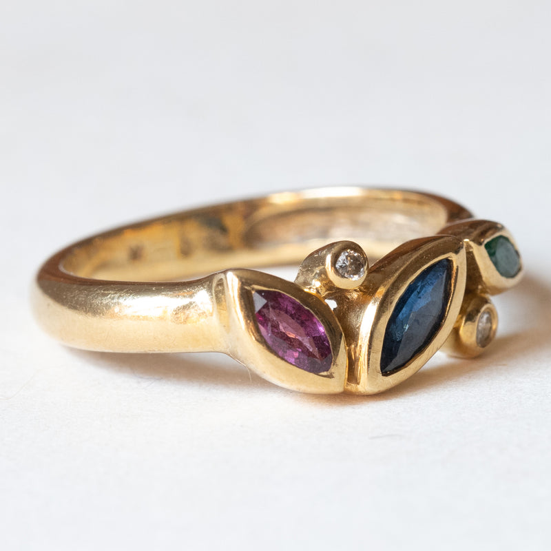 Vintage 14K gold ring with ruby, emerald, sapphire and diamonds (0.05ctw approx.), 1970s / 1980s