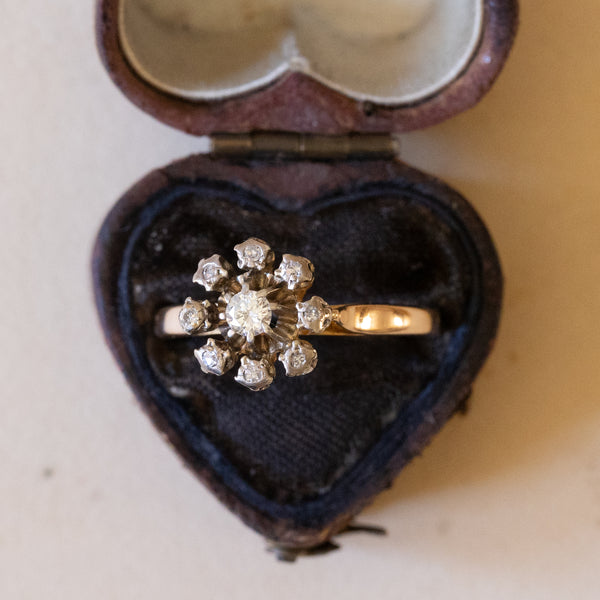 Anello antico a margherita in oro 18K e argento con diamanti (0.25ctw ca.), anni '30/'40