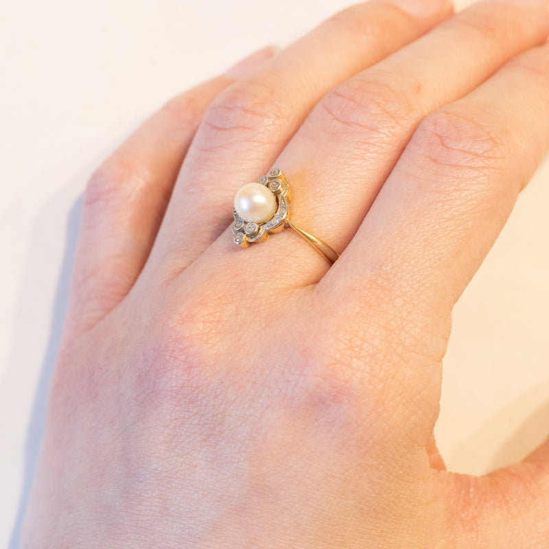 Bague perle ancienne en or blanc 18 carats avec diamants taille