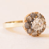 Antiker Gänseblümchen-Ring aus 14 Karat Gelbgold und Silber mit Diamanten aus der Mitte der alten Mine (ca. 0.40 ct) und Rosetten-Seitendiamanten, 10er Jahre