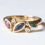 Vintage 14K gold ring with ruby, emerald, sapphire and diamonds (0.05ctw approx.), 1970s / 1980s