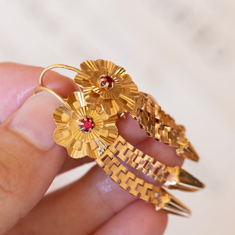 18K gold earrings with red glass paste, 1940s