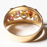 Vintage-Ring aus 18 Karat Gold mit weißer und fuchsiafarbener Glaspaste sowie rosa und orangefarbener Glaspaste, 70er/80er Jahre