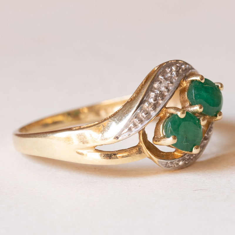 Vintage contrarié ring in 14K gold with emeralds and diamonds, 1960s