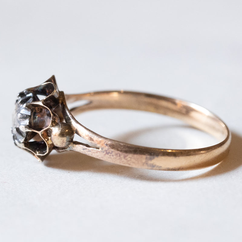 Solitario antico in oro 18K e argento con diamante di taglio rosetta, primi del ‘900