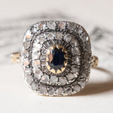 Vintage Antik Stil 18 Karat Gelbgold und Silber Rosettenschliff Saphir und Diamant Gänseblümchen Ring