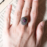 Antique style vintage daisy ring in 18K gold and silver with ruby ​​and diamonds