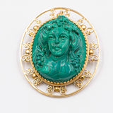 Pendentif/broche vintage en or jaune 18 carats avec camée en malachite, 60