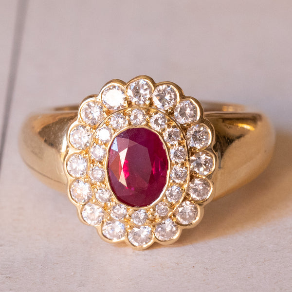 Vintage ring in 18K gold with ruby (approx.1.20ct) and diamonds (approx.0.90ct), 1960s