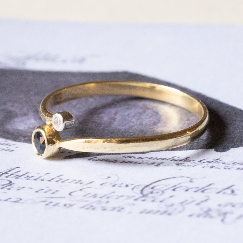 Anello contrarier vintage in oro 14K con zaffiro e diamante, anni ‘50/‘60