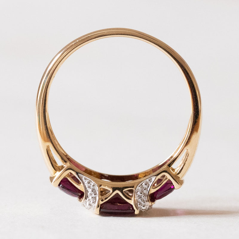 Anello vintage in oro 14K con granati viola e diamanti, anni ‘70