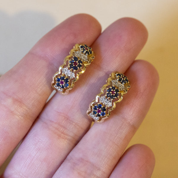 Vintage 14K gold earrings with diamonds, rubies and sapphires, 60s / 70s