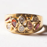 Vintage-Ring aus 18 Karat Gold mit weißer und fuchsiafarbener Glaspaste sowie rosa und orangefarbener Glaspaste, 70er/80er Jahre