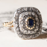 Vintage Antik Stil 18 Karat Gelbgold und Silber Rosettenschliff Saphir und Diamant Gänseblümchen Ring