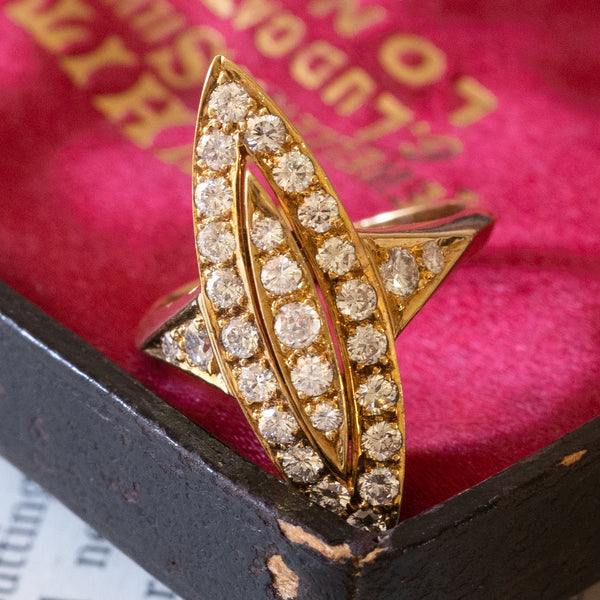 Anello a navette vintage in oro 18K con diamanti (1ctw ca.), anni ‘70