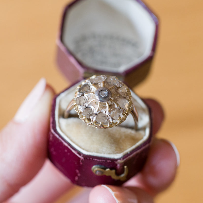 Antique 18K gold and silver daisy ring with diamonds, early 1900s