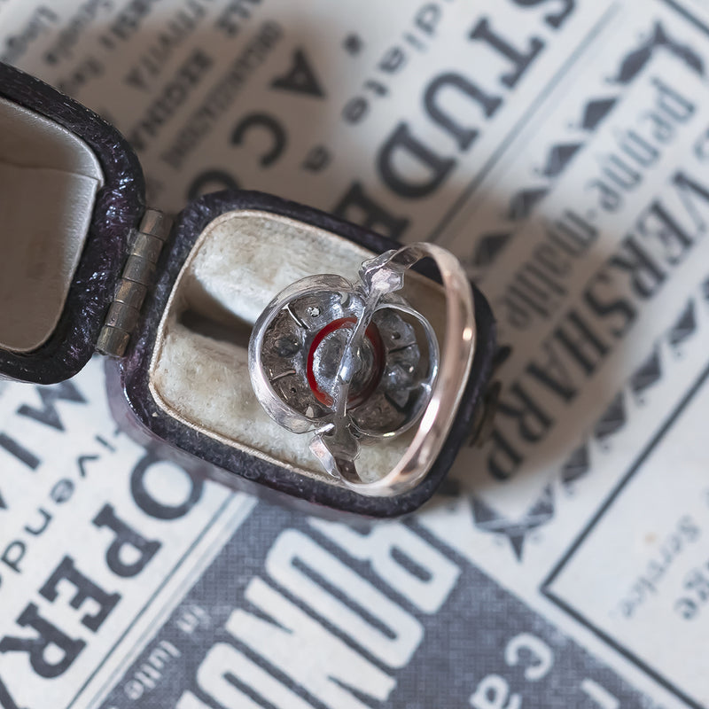 Antique 8K gold and silver ring with coral and white stones, early 1900s