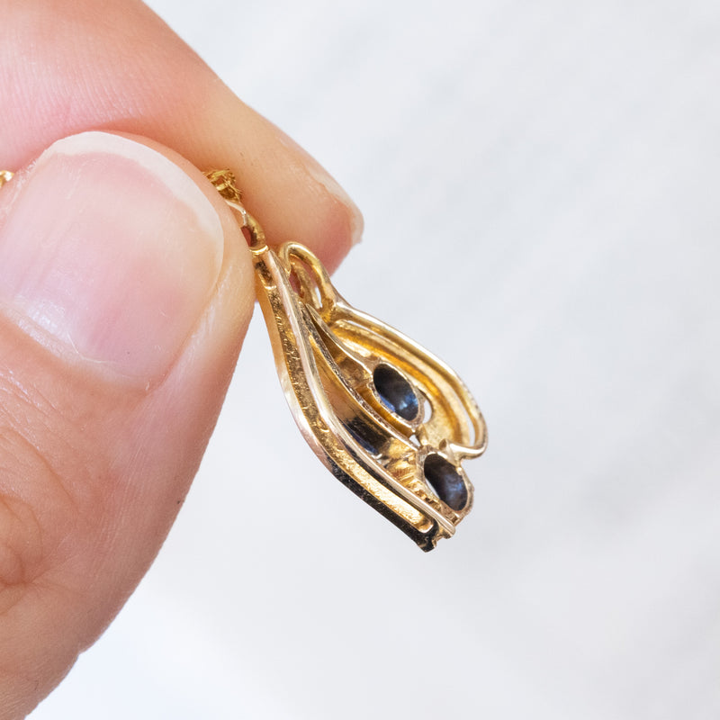 Collana vintage in oro 14K con pendente con zaffiri e diamanti, anni ‘70/‘80