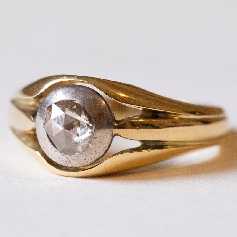 Anello solitario da uomo in oro 18K e argento con diamante di taglio rosetta, anni ‘20/‘30