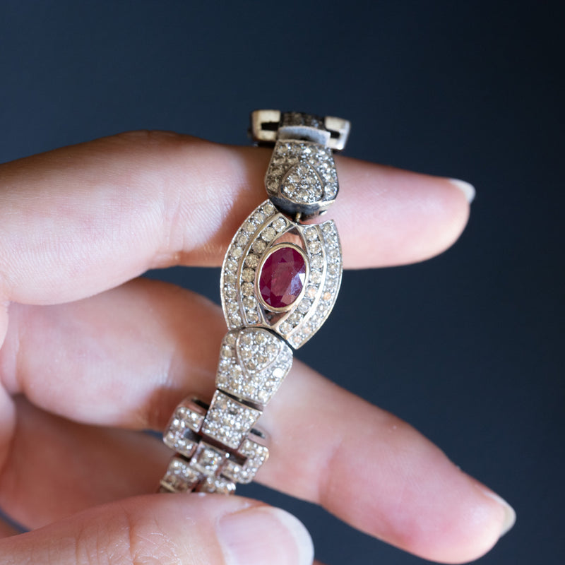 Bracelet semi-rigide vintage en or blanc 18 carats avec rubis naturel (env. 0,90 ct) et diamants (env. 6,30 ct), années 1960