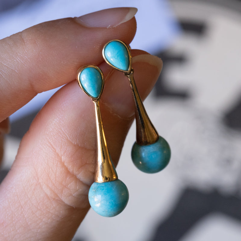 Vintage 8K gold pendant earrings with turquoise, 1950s / 1960s