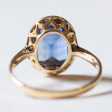 Synthetischer Saphir- und Diamantring im Vintage-Art-Deco-Stil aus 18 Karat Gold, 50er Jahre