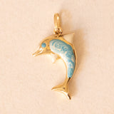 Vintage Dolphin Charm in 18K Yellow Gold with Blue and White Enamels, 70s