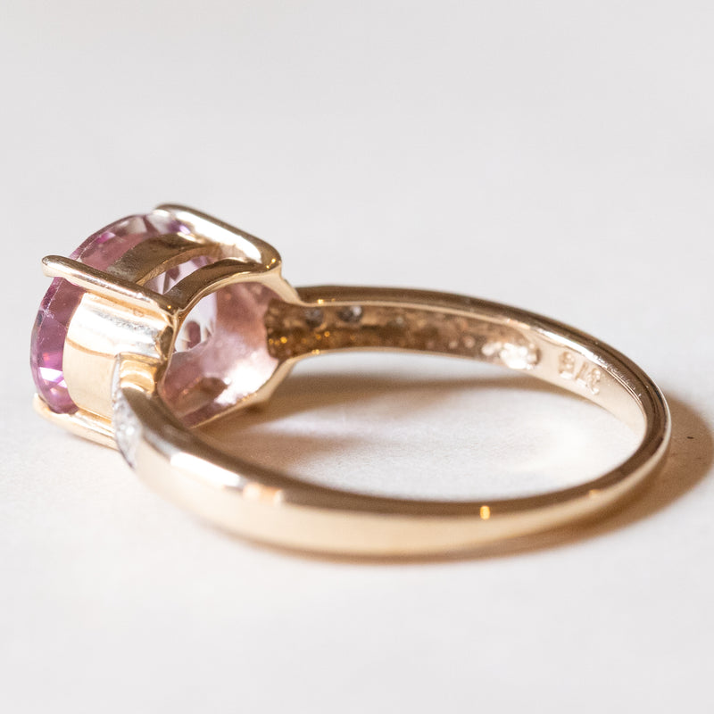 Anello vintage in oro 9K con spinello rosa e diamanti, anni ‘80