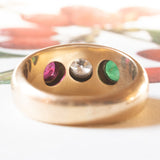 Vintage Gypsy Ring in 18 Karat Gelbgold mit Rubin (ca. 0.30 ct), Diamant (ca. 0.25 ct) und Smaragd (ca. 0.25 ct), 70er Jahre