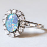 🌌 Vintage 14 Karat Weißgold Triplet Opal & Diamanten im Brillantschliff (ca. 0.24 ctw) Gänseblümchen-Ring, 60er Jahre