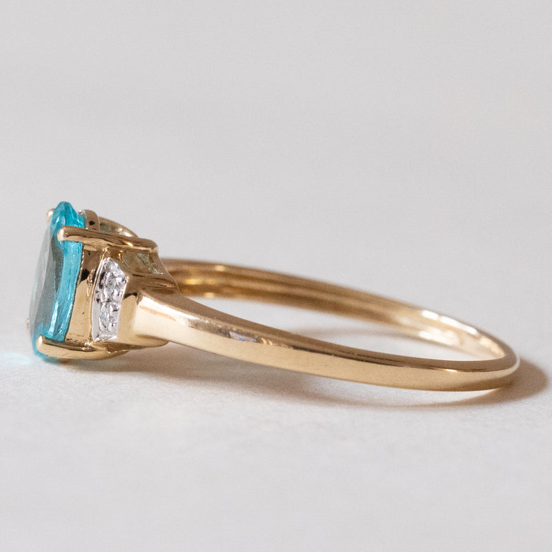 Anello vintage in oro 14K con tormalina azzurra e diamanti, anni ‘80