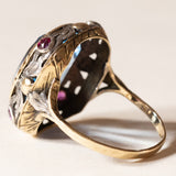 Anello vintage in stile antico in oro 18K e argento con zaffiro e rubini