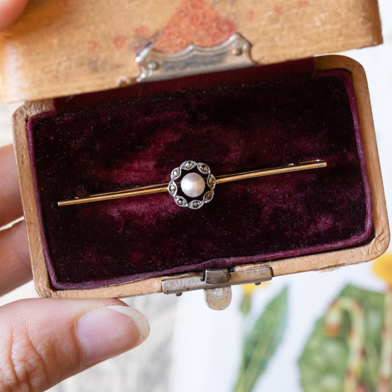 Broche ancienne en or 14 carats avec perle et marcassites, début des années 1900
