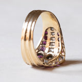 Vintage 18 Karat Gold "Triple" Diamond (ca. 0.30ctw) & Rubin Ring, 70er Jahre