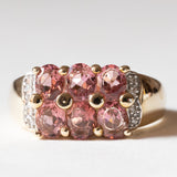 Anello vintage in oro 9K con tormaline rosa e diamanti, anni ‘80/‘90