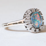 🌌 Vintage 14 Karat Weißgold Triplet Opal & Diamanten im Brillantschliff (ca. 0.24 ctw) Gänseblümchen-Ring, 60er Jahre